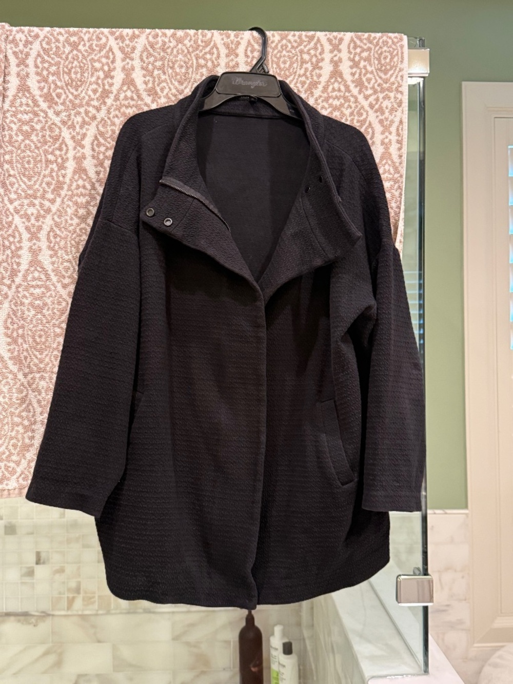 Eileen Fisher L Black Textured Cotton Stretch Draped Jacket